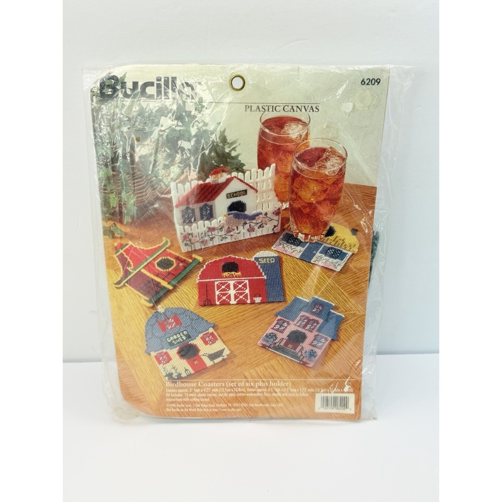 Bucilla Birdhouse Coasters & Holder Plastic Canvas Kit 6209 Cottage Style